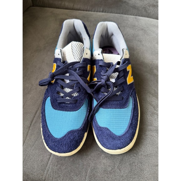 New Balance All Coasts 574 Navy Blue Yellow Suede Sneakers AM574MGN Mens 8 2E